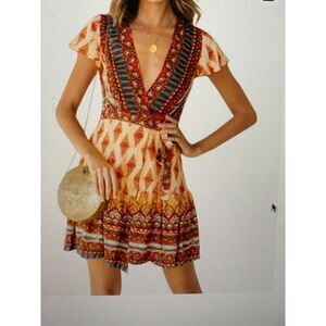 Women's  Deep V-Neck Boho Floral Wrap Dress summer style and color size small